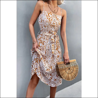 Chic Printed Spaghetti Strap Dress with Decorative Button Belt - White / Xl - Dresses