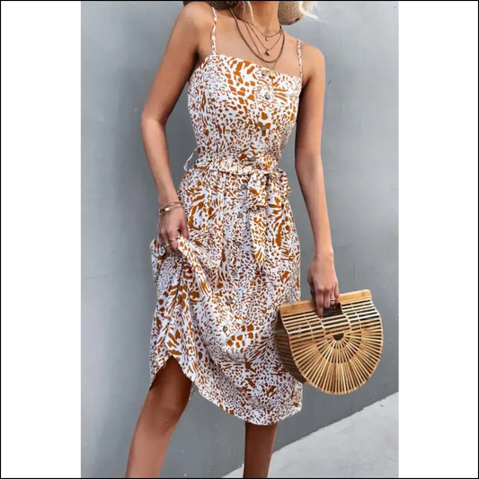 Chic Printed Spaghetti Strap Dress with Decorative Button Belt - White / Xl - Dresses