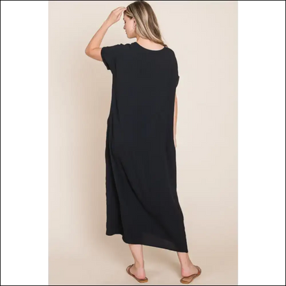 Bombom Chic Round Neck Midi Dress with Pockets - Dresses