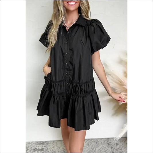 Button Down Puff Sleeve Ruffle Hem Dress Dresses