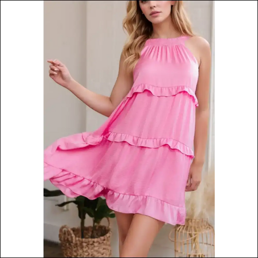 Ruffled Layered Mini Dress with Tied Back Pink / s Dresses