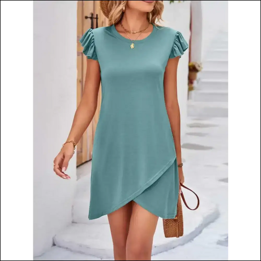 Ruffled Round Neck Cap Sleeve Mini Dress - Turquoise / Xl - Dresses