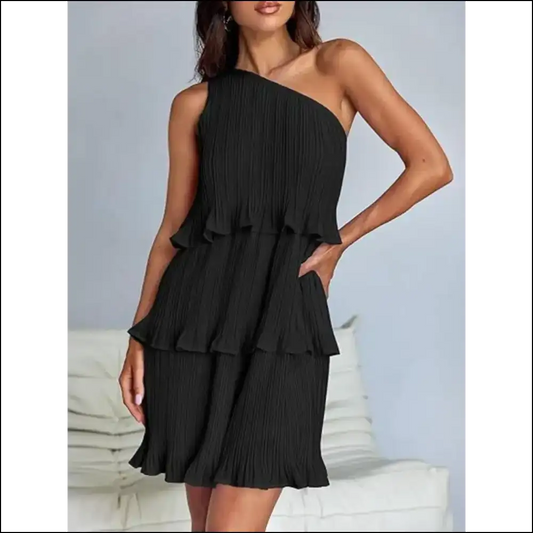 Playful Layered Single Shoulder Mini Dress Black / s Dresses