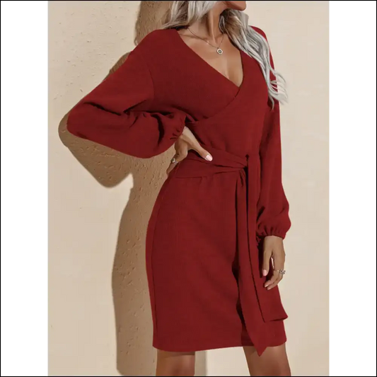 Fam-fam Surplice Long Sleeve Mini Dress - Dark Brown / Xl - Dresses