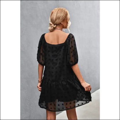 Swiss Dot Square Neck Half Balloon Sleeve Dress - Dresses