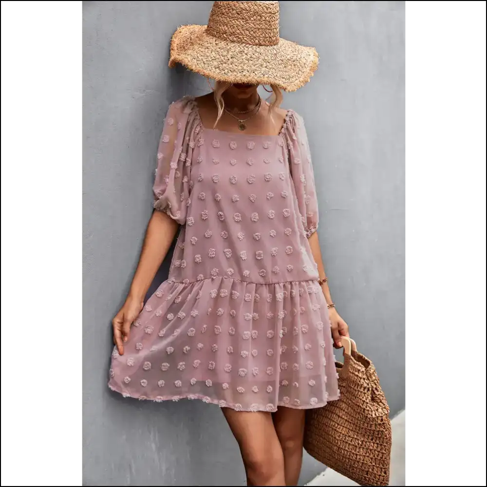 Swiss Dot Square Neck Half Balloon Sleeve Dress - Pink / m - Dresses