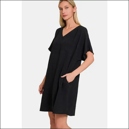Zenana V-neck Tee Dress with Pockets - Effortless Chic - Dresses