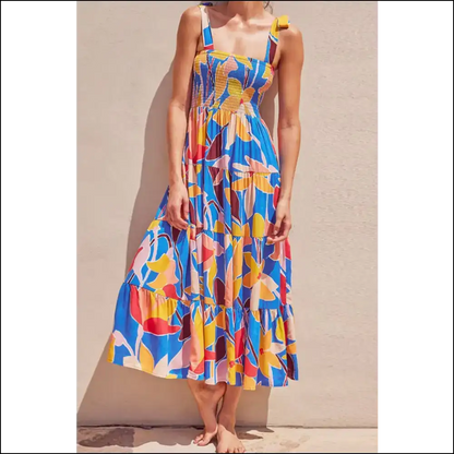 Chic Floral Tie Shoulder Smocked Maxi Dress - Multicolor / l - Dresses