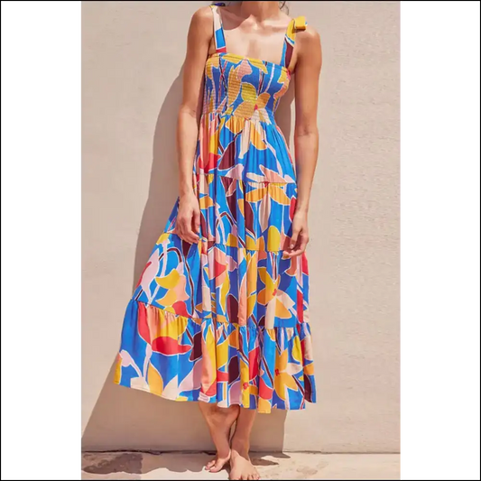 Chic Floral Tie Shoulder Smocked Maxi Dress - Multicolor / l - Dresses