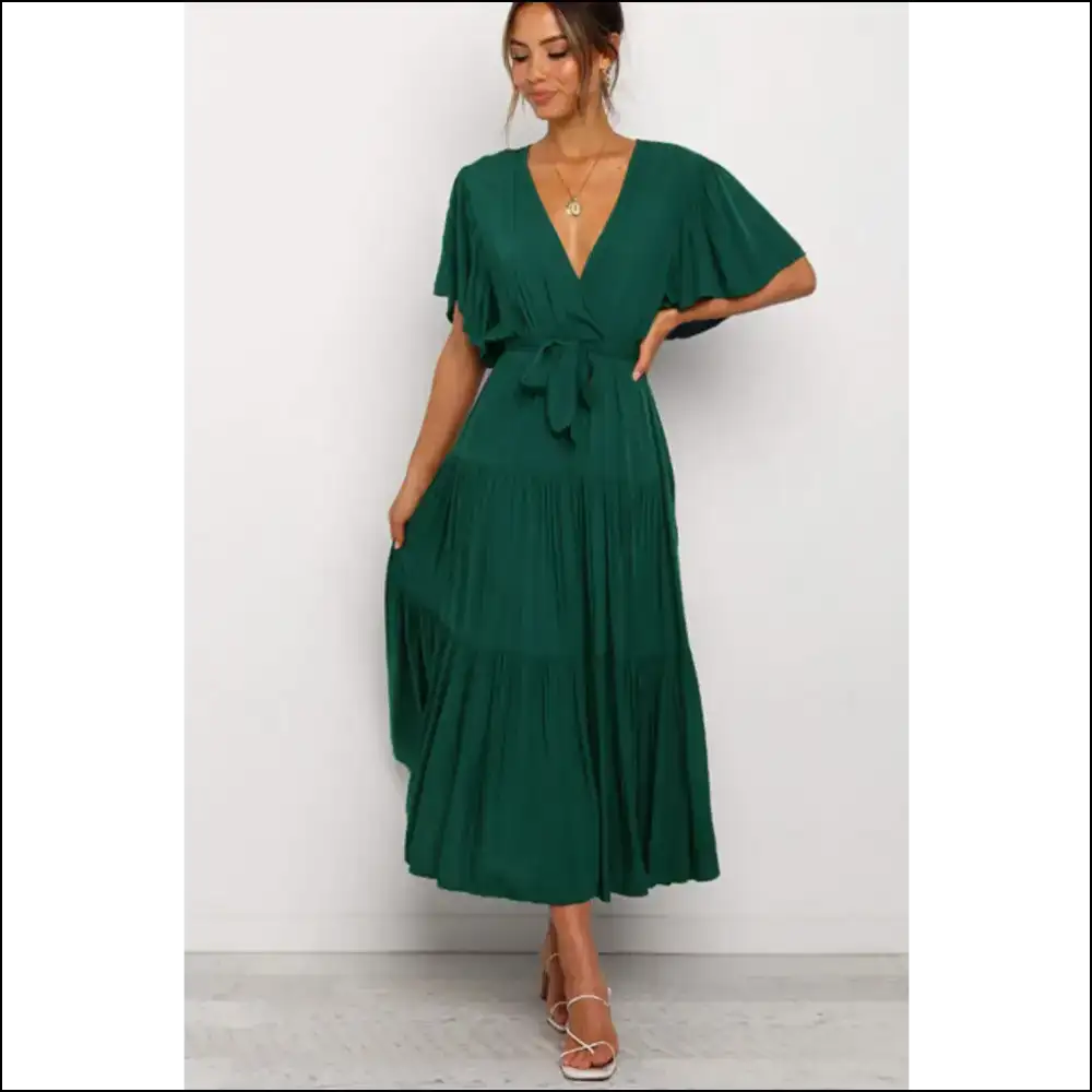 Chic Front Tie Tiered Midi Dress - Dark Green / s - Dresses