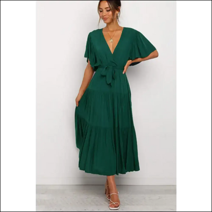 Chic Front Tie Tiered Midi Dress - Dark Green / s - Dresses