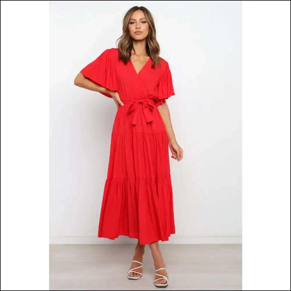 Chic Front Tie Tiered Midi Dress - Red / l - Dresses