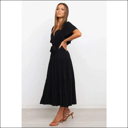 Chic Front Tie Tiered Midi Dress - Black / s - Dresses