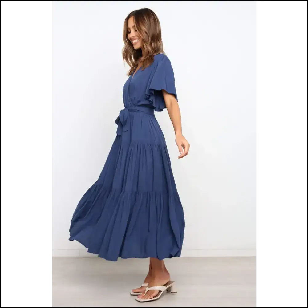 Chic Front Tie Tiered Midi Dress - Dark Blue / Xl - Dresses