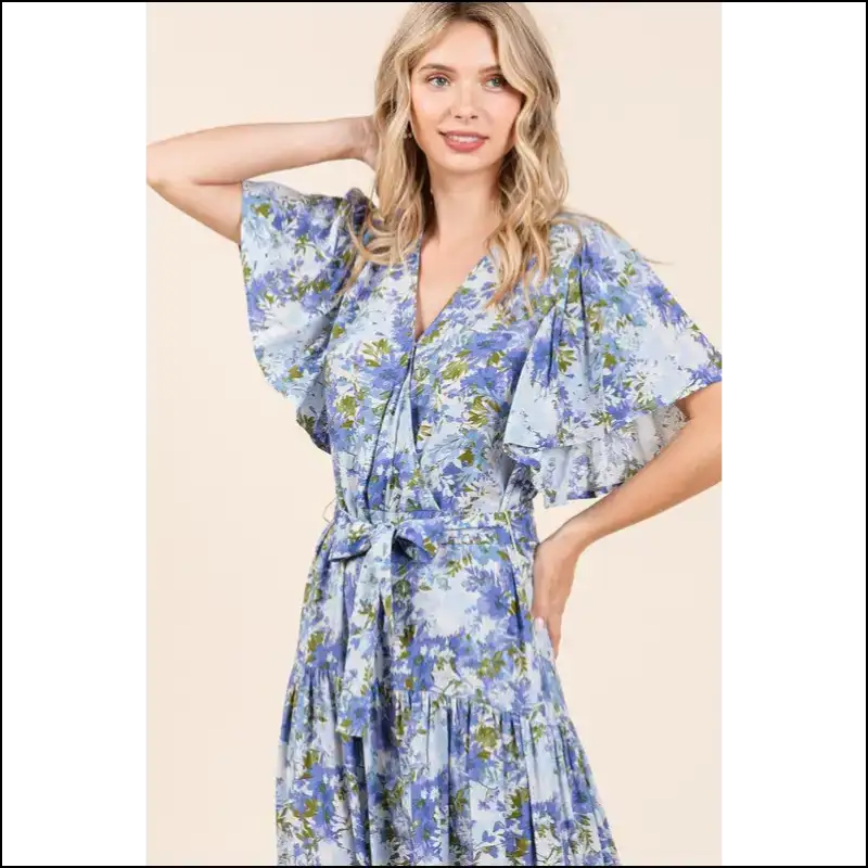 Floral Tie Waist Flutter Sleeve Dress - Dresses