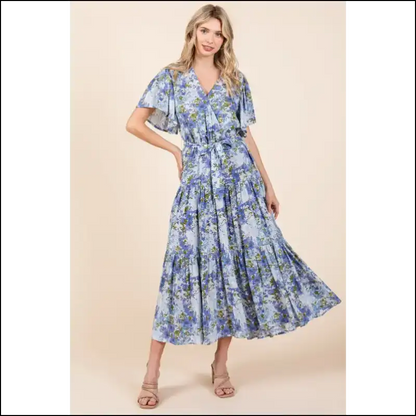 Floral Tie Waist Flutter Sleeve Dress - Dresses