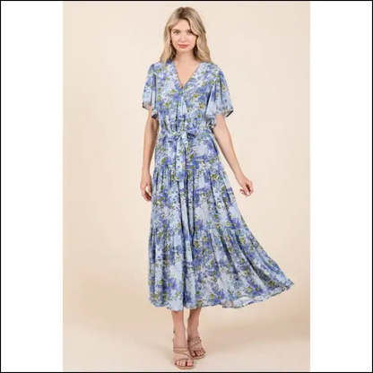 Floral Tie Waist Flutter Sleeve Dress - Dresses