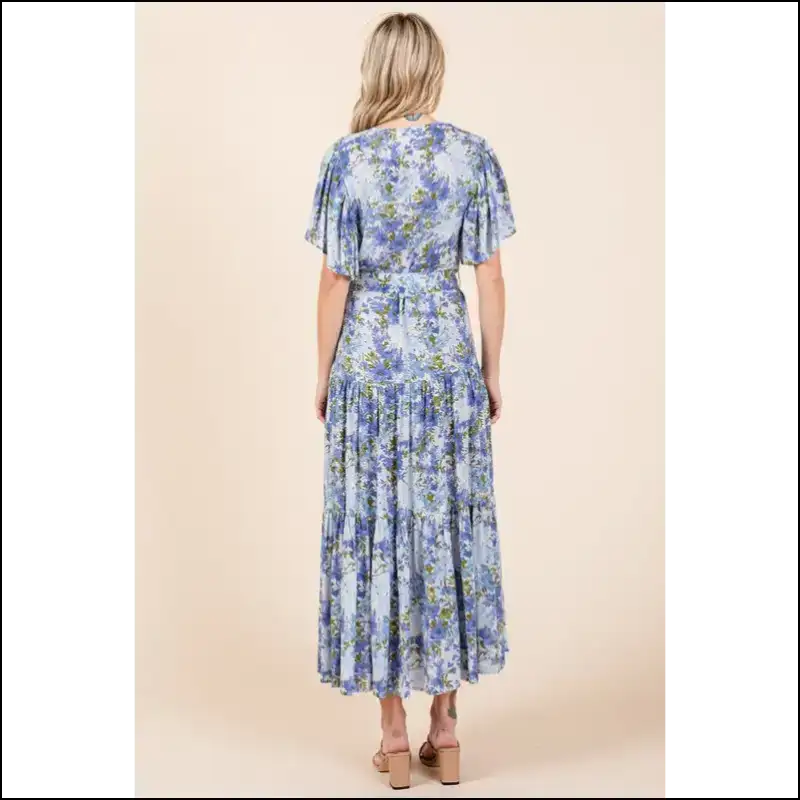 Floral Tie Waist Flutter Sleeve Dress - Dresses