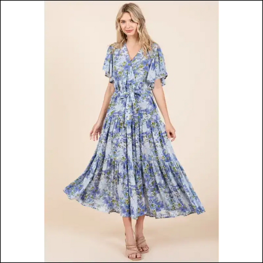 Floral Tie Waist Flutter Sleeve Dress - Light / s - Dresses