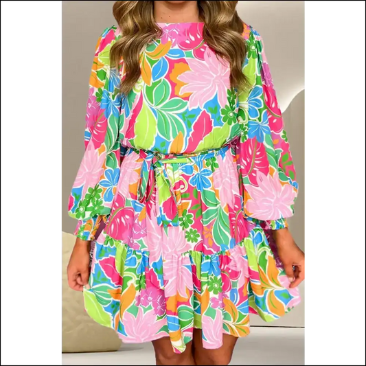 Chic Printed Tie Waist Lantern Sleeve Mini Dress - Floral / Xl - Dresses