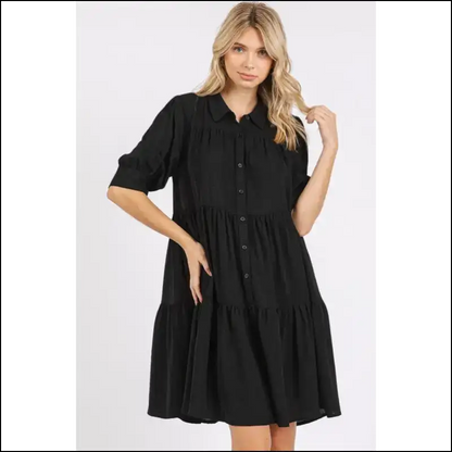 Chic Button Detail Collared Neck Tiered Shirt Dress - Black / s - Dresses