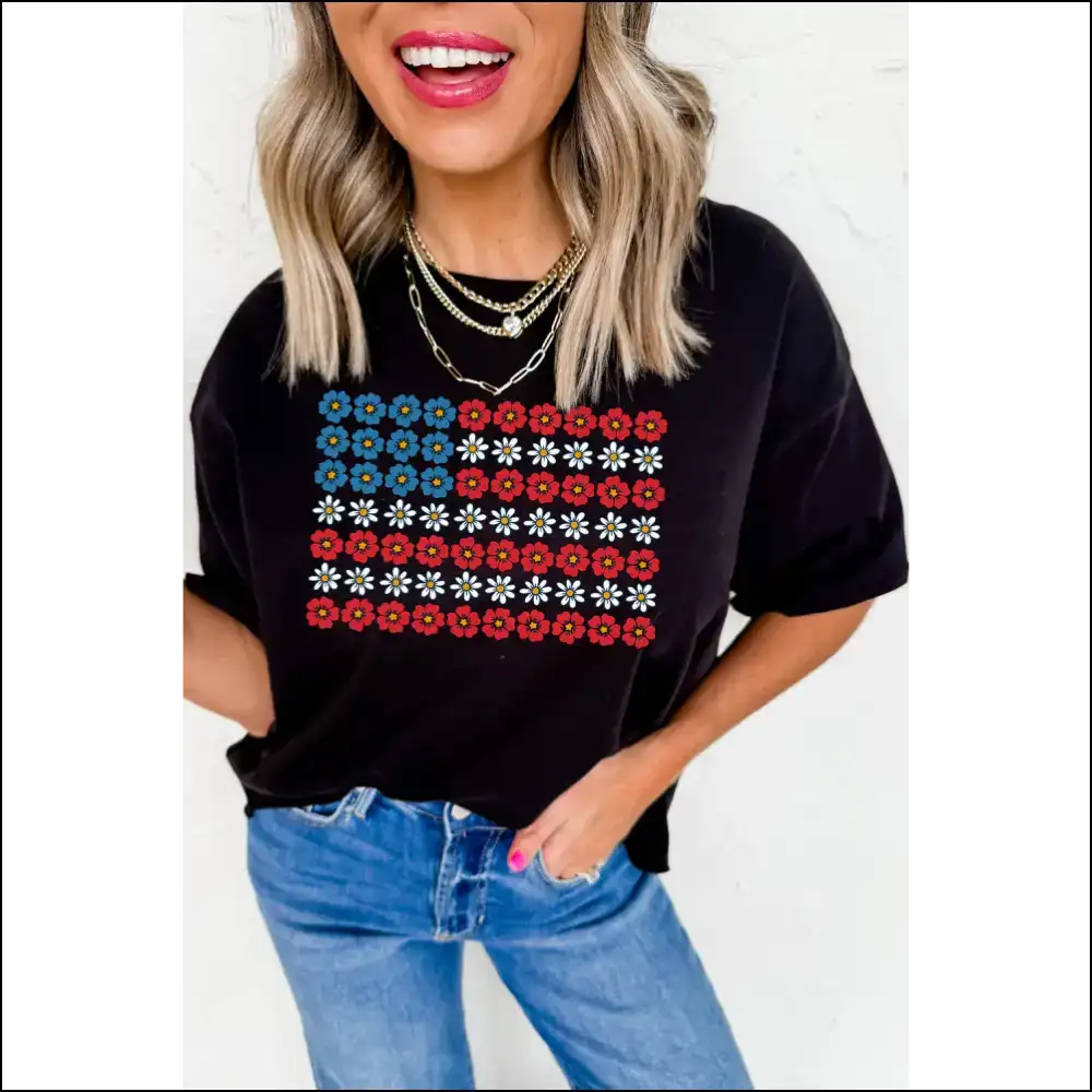 Black American Flag Floral Graphic Tee - Tees