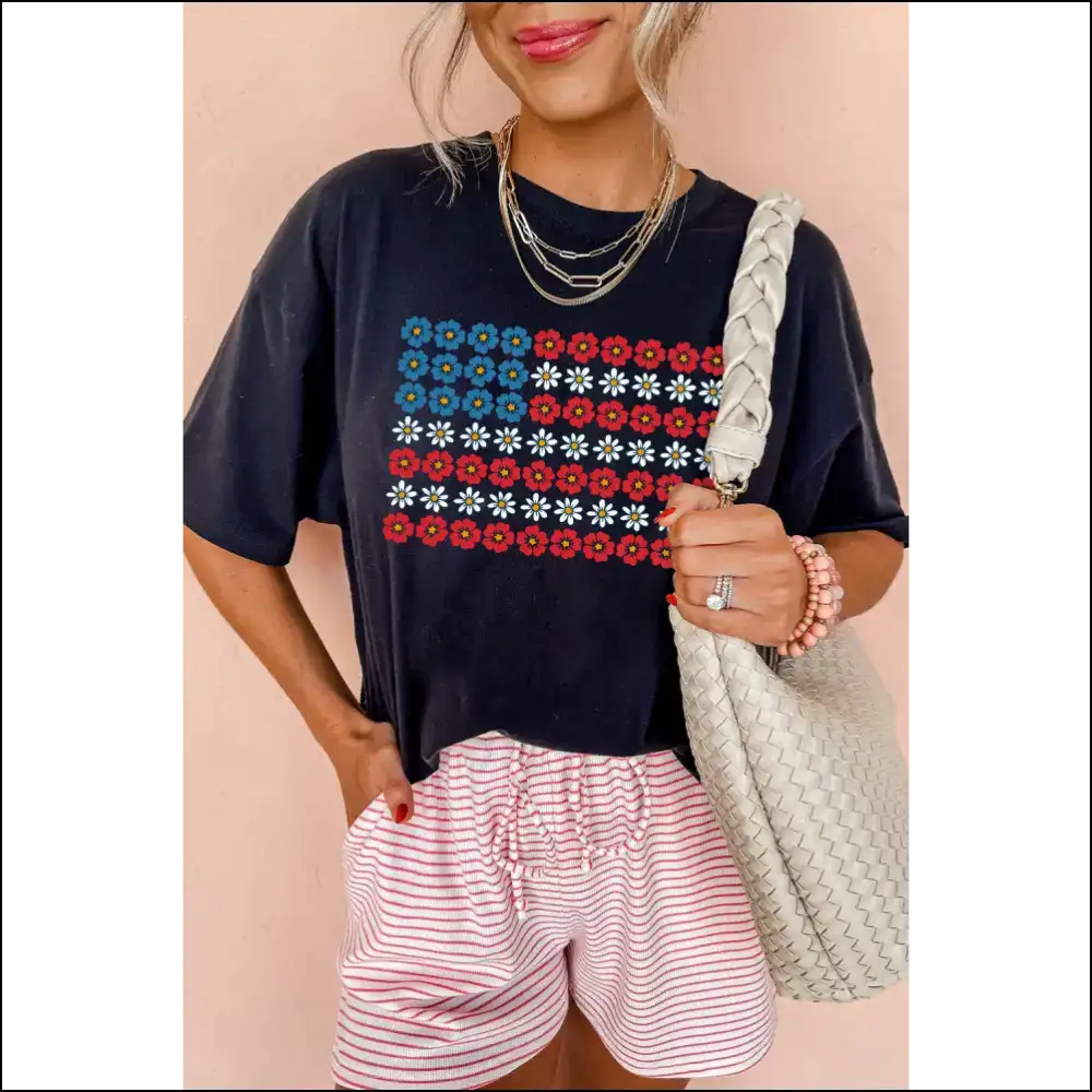Black American Flag Floral Graphic Tee - Tees