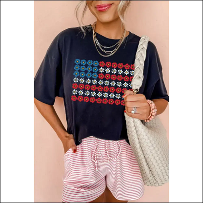 Black American Flag Floral Graphic Tee - Tees