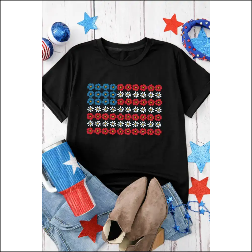 Black American Flag Floral Graphic Tee - Tees