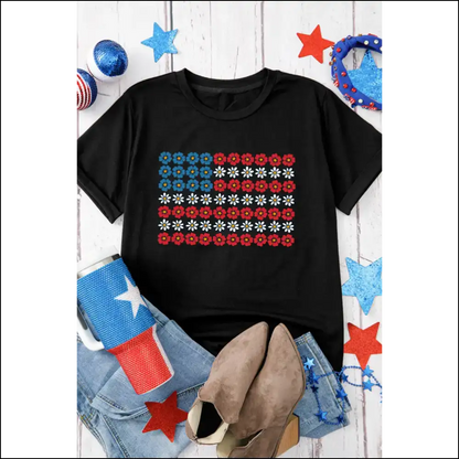 Black American Flag Floral Graphic Tee - Tees