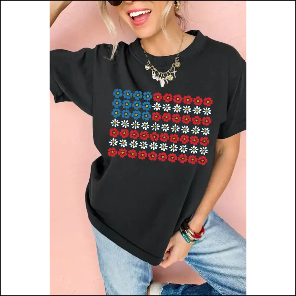 Black American Flag Floral Graphic Tee - Tees