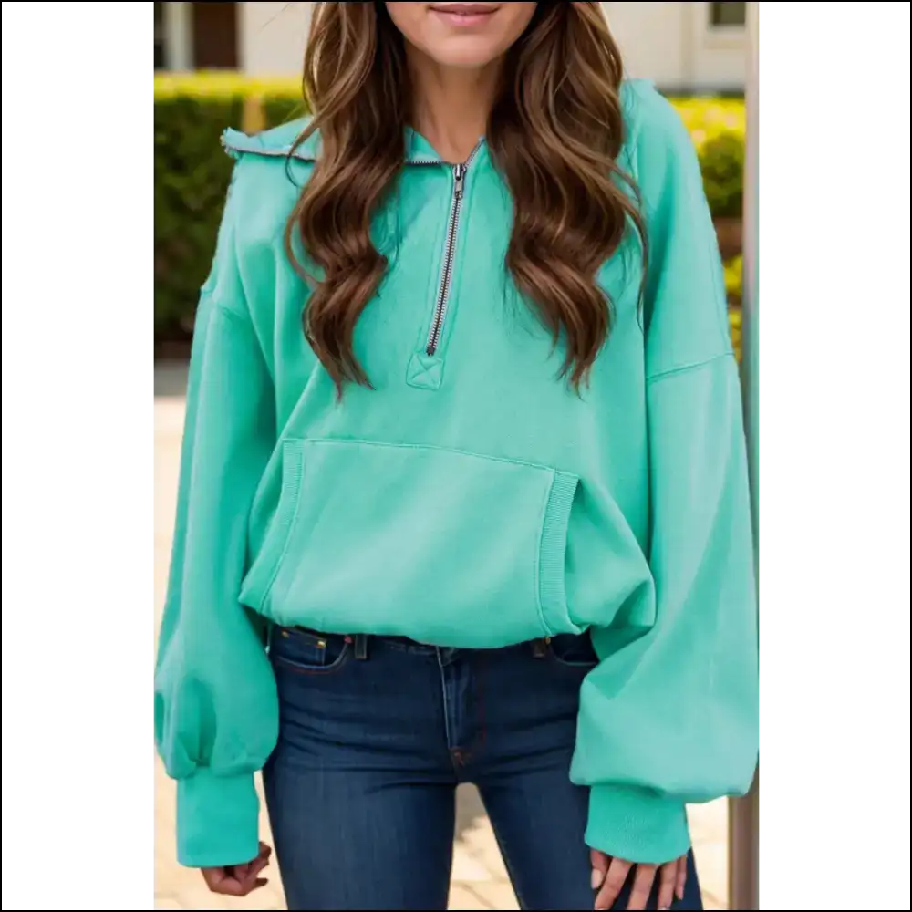 Chic Pocketed Half Zip Long Sleeve Hoodie - Turquoise / m - Hoodies