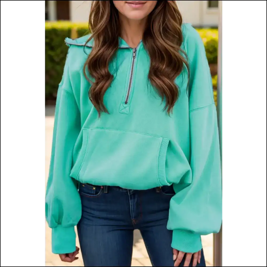 Chic Pocketed Half Zip Long Sleeve Hoodie - Turquoise / m - Hoodies