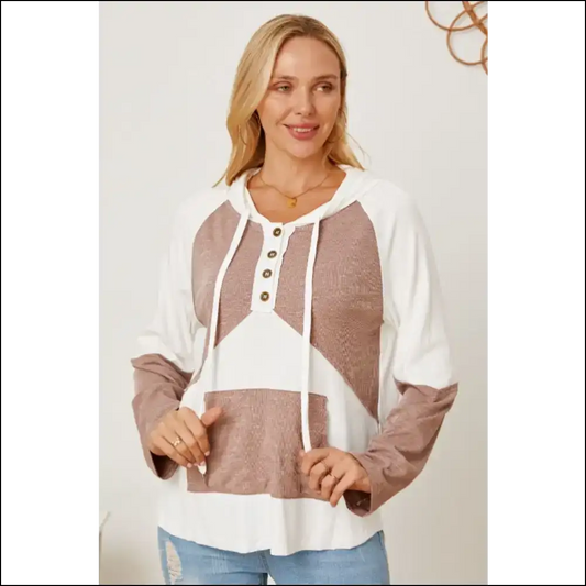 Color Block Drawstring Half Button Hoodie - Mocha / s - Hoodies