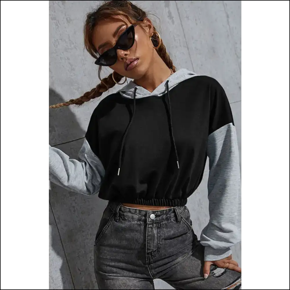 Perfee Contrast Long Sleeve Cropped Hoodie - Hoodies