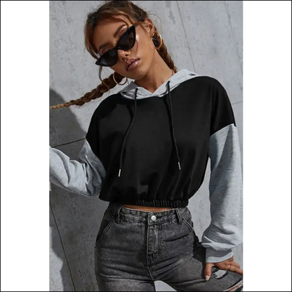 Perfee Contrast Long Sleeve Cropped Hoodie - Hoodies