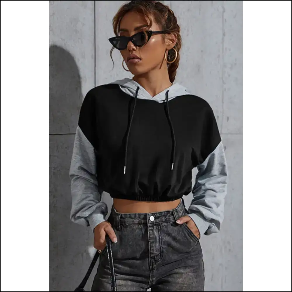 Perfee Contrast Long Sleeve Cropped Hoodie - Hoodies