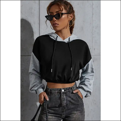 Perfee Contrast Long Sleeve Cropped Hoodie - Hoodies