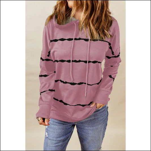 Chic Drawstring Striped Dropped Shoulder Hoodie - Dusty Pink / s - Hoodies