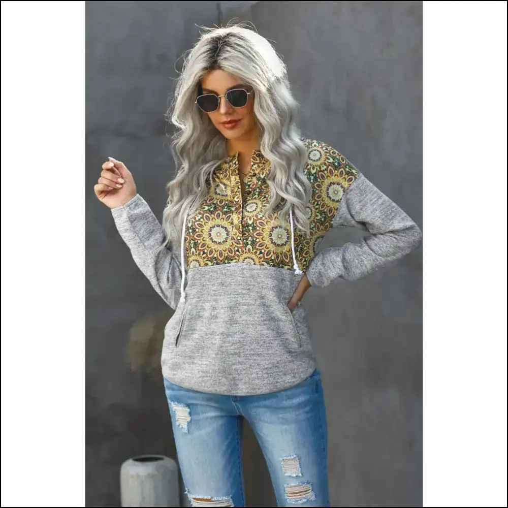 Floral Drawstring Half Snap Hoodie - Hoodies