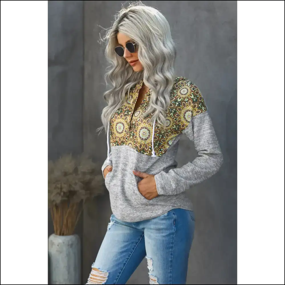 Floral Drawstring Half Snap Hoodie - Hoodies