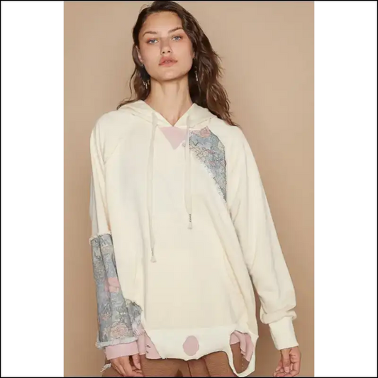Floral Patchwork Distressed Drawstring Hoodie - Cream / s - Hoodies