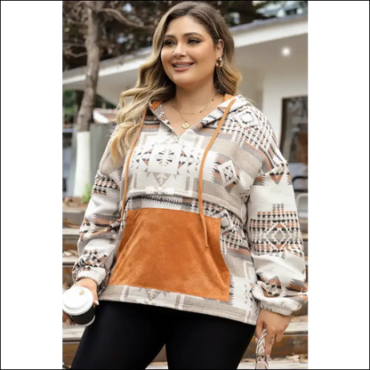 Chic Plus Size Geometric Print Hoodie with Pockets - Hoodies
