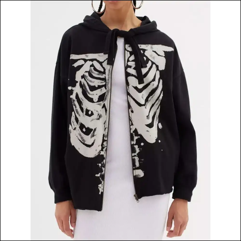 Skeleton Zip Up Drawstring Hoodie - Black / l - Hoodies