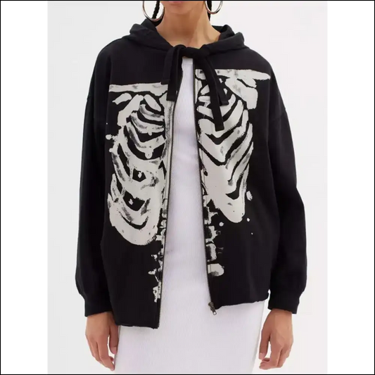 Skeleton Zip Up Drawstring Hoodie - Black / l - Hoodies
