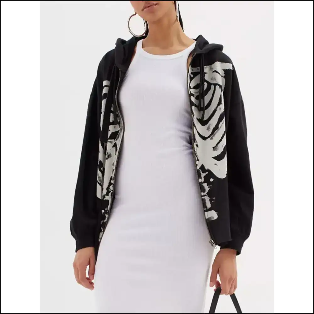 Skeleton Zip Up Drawstring Hoodie - Hoodies