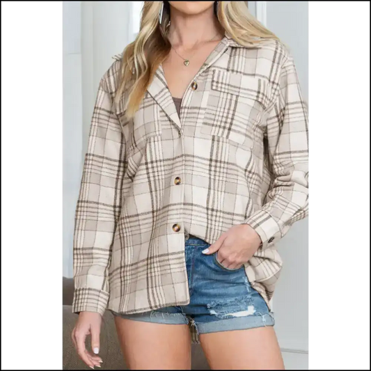 Khaki Plaid Removable Hooded Jacket: be 😜 - s - Jackets