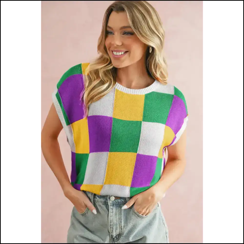 Dark Green Checkered Top: so Good It’s Knit your Average Nightmare 😈 - Purple / s - Tops