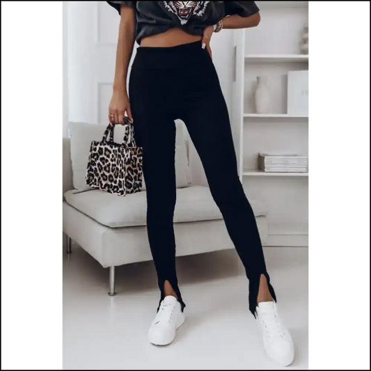 Black Ribbed High Waisted Leggings: so Chic Youll Slit! 🖤 - s - Leggings