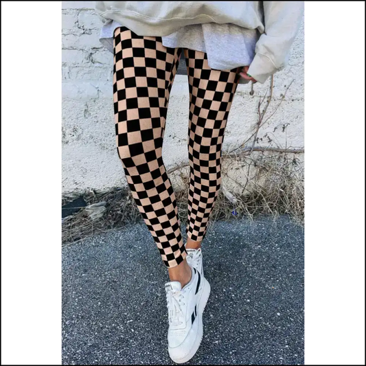 Khaki Checkered High Waist Leggings: Check Yourself Before you Wreck 😜 Needful Things - s - Leggings